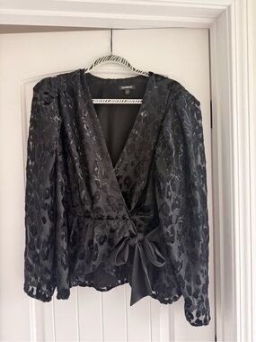 Express Black Leopard-Texture Wrap Blouse with Satin Tie